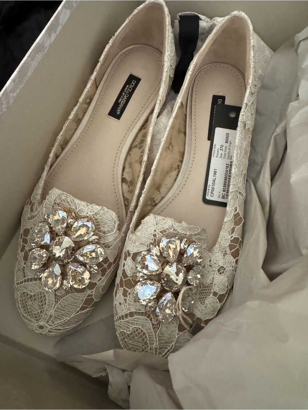 Dolce & Gabbana grey silver lace flats with Crystal Brooches